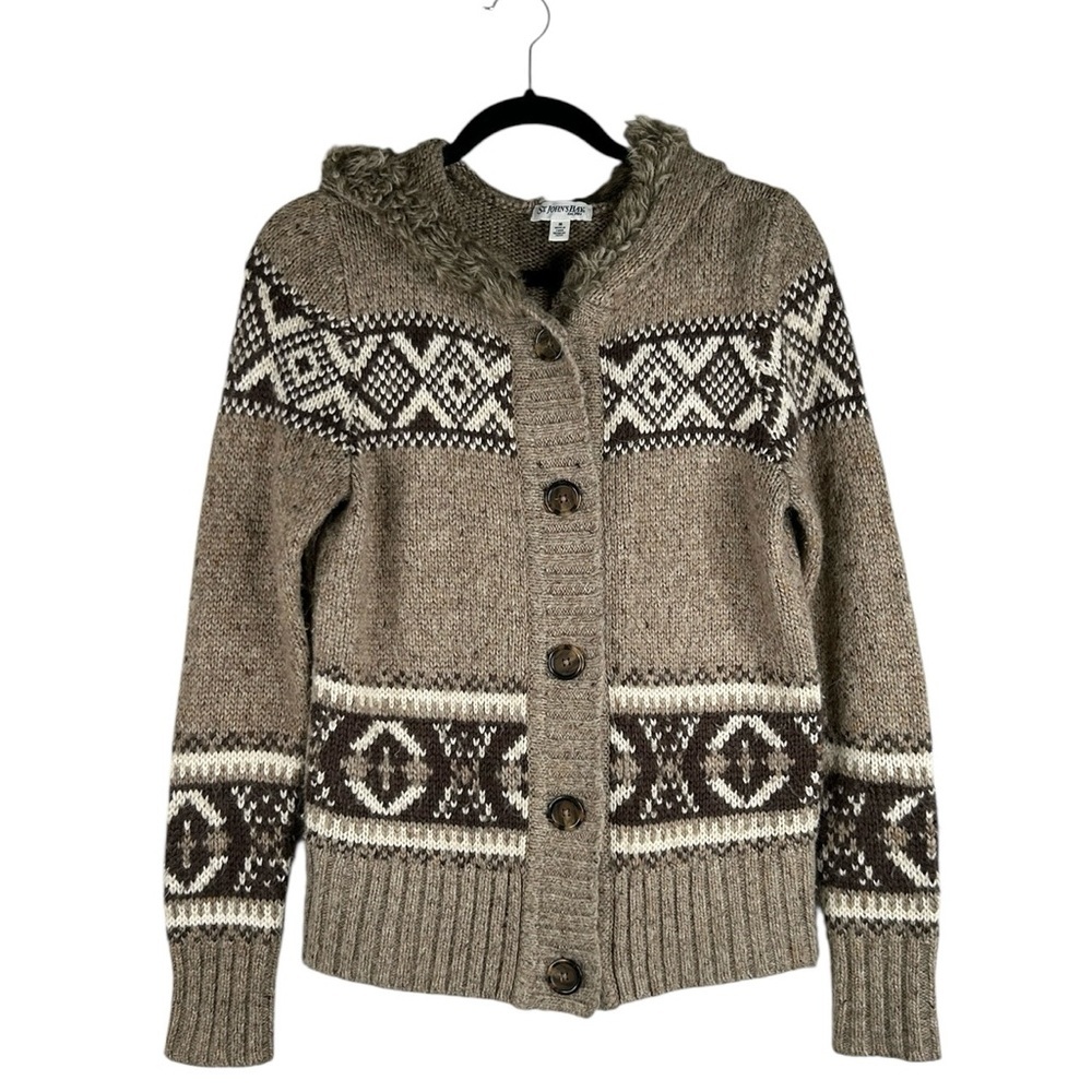 St. John's Bay Tan Knit Fair Isle Norway Style Faux Fur Hoodie Button Sweater - Picture 2 of 7